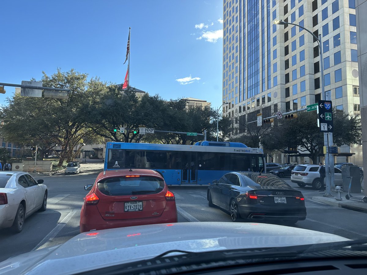 rellmer's tweet photo. @CapMetroATX: This happened Friday, 2/17/23 at 3:40pm at the intersection of San Jacinto/Cesar Chavez. Please make it stop. Cc: @KXAN_News, @KVUE, @fox7austin #DontBlockTheBox https://t.co/L1s1fgffDo