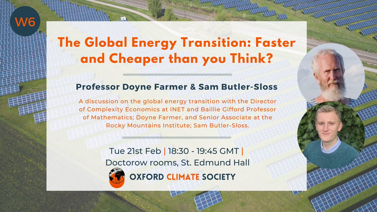 Coming up tomorrow:

Our week 6 event is a discussion on the global energy transition away from fossil fuels, with Professor Doyne Farmer and Sam Butler-Sloss! ⚡️

Sign up and find out more here: eventbrite.co.uk/e/the-global-e…