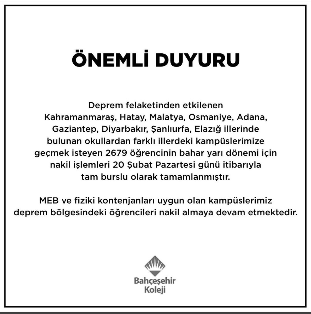 📍Bugün itibariyle deprem bölgesinden 2679 öğrencinin nakil işlemleri tam burslu olarak tamamlanmış ve tüm Bahçeşehir Koleji kampüslerimiz MEB ve fiziki kontenjan uygunluğuna göre nakil almaya devam etmektedir.
#YaralarımızıBirlikteSaracağız 🇹🇷