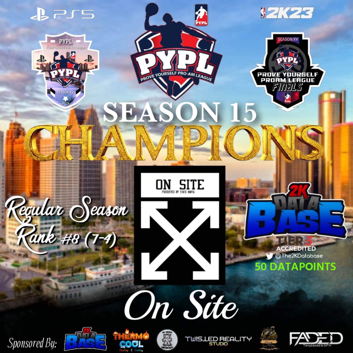 CONGRATULATIONS TO OUR SZN 15 CHAMPIONS!!! 

@OnSitePS5 

PG:<a href="/ayeePrecise/">Precise</a> 
SG:<a href="/YouBots_/">yb</a> 
SF:<a href="/1Quabow/">𝔔𝔲𝔞𝔟𝔬𝔴</a> 
PF:<a href="/Cantswing_/">Star Shopping💫⭐️</a> 
C:<a href="/llbootll/">.</a> 

ON SITE will get free entry into the next SZN of PYPL! 

Congrats again they deserve it!