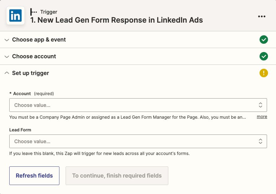 zapier's tweet photo. Add leads from LinkedIn Lead Gen Forms to @salesforce ⤵️
→ Get new lead gen form response (can select specific forms)
→ Tell zap how to set up the record
→ Salesforce creates a new record
Adding your leads automatically = closing more deals 💸
#ZapTips https://t.co/0QPKvuHEOW