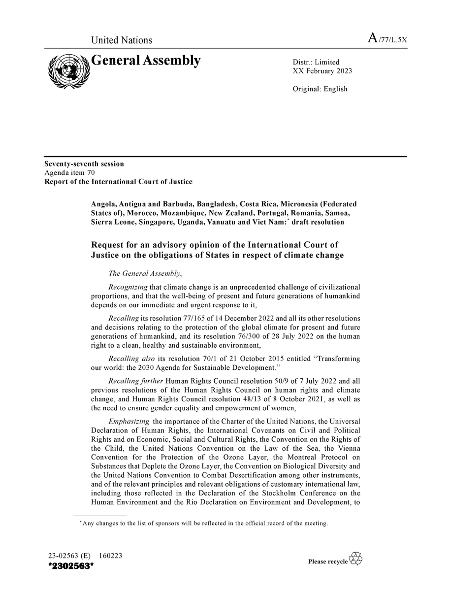 VanuatuUN's tweet photo. After several rounds of consultations with the UN membership, today the #ICJAO4Climate Core Group members (🇻🇺🇦🇴🇦🇬🇧🇩🇨🇷🇫🇲🇲🇦🇲🇿🇳🇿🇵🇹🇷🇴🇼🇸🇸🇱🇸🇬🇺🇬🇻🇳) uploaded the draft resolution to the UN portal and are seeking co-sponsors. Member states who wish to be listed on the L doc please note the deadline is March 1. Thank you to the work of the core group and the active engagement by all delegations