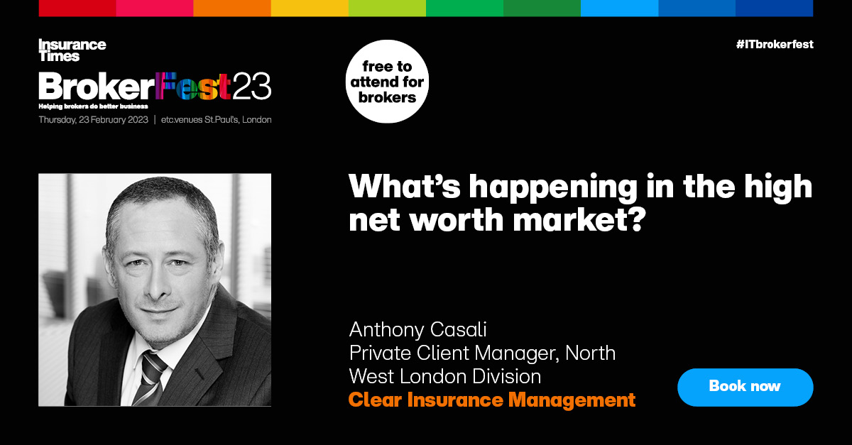 Anthony Casali, Private Client Manager, North West London Division at the Clear Group, will be speaking at #Brokerfest23, an event by @InsuranceTimes_. Anthony will take part in the session 'What’s happening in the high net worth market?' 🔗 Register: bit.ly/3JWclDb