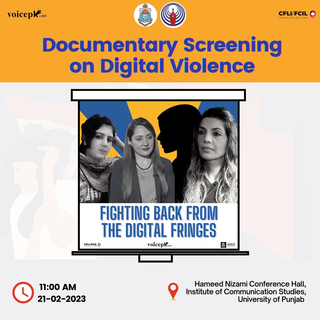 Join us tomorrow at 11:00 AM for the 2nd screening of our documentary at the School of Communication Studies, University of Punjab.

@CanHCPakistan @FIA_Agency @Asma_Jahangir 

#CFLI #DigitalViolence #Cybercrime 
#EndDigitalViolence