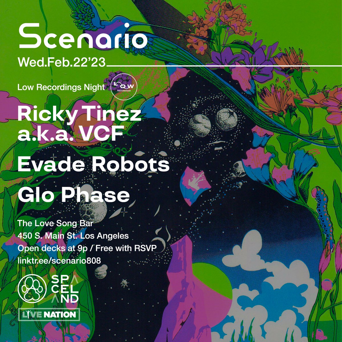 This Wed 2/22: @lowrecordings with @Ricky_Tinez @EvadeRobots @GloPhase + @daddykev at @TheLoveSongBar. Open decks at 9p. Free with RSVP. Presented by @ALPHAPUP @SpacelandLA @LiveNation 🔊✨👾 eventbrite.com/e/scenario-low…