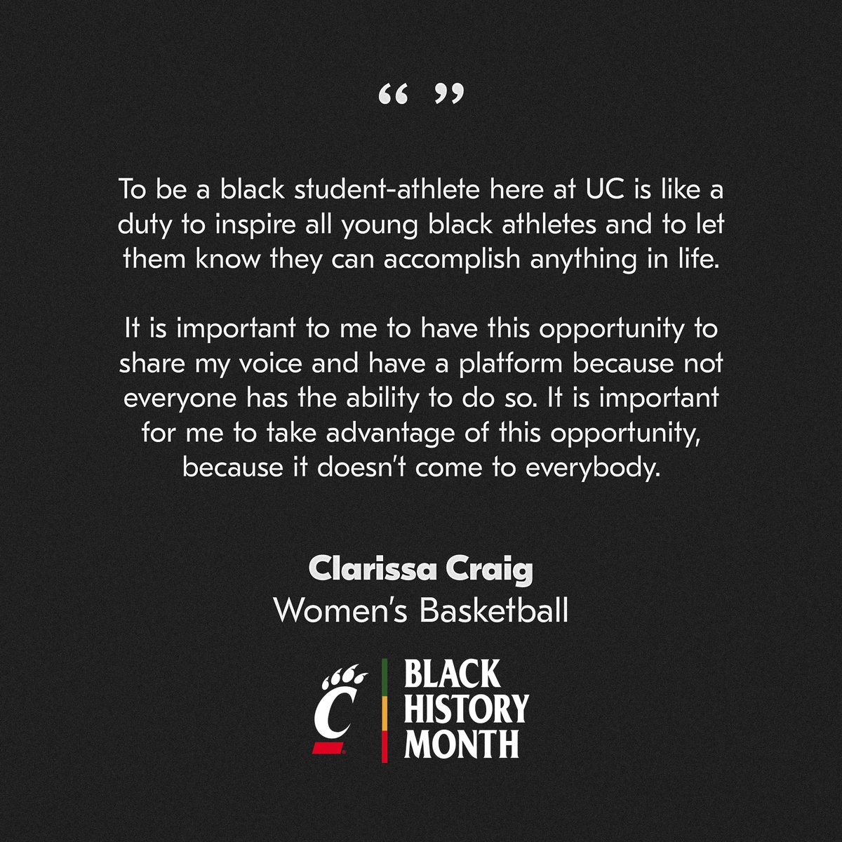 For Clarissa Craig, Black History Month is a reminder of the importance of being a role model and embracing the platform of college athletics.

#Bearcats | #TheMovement
