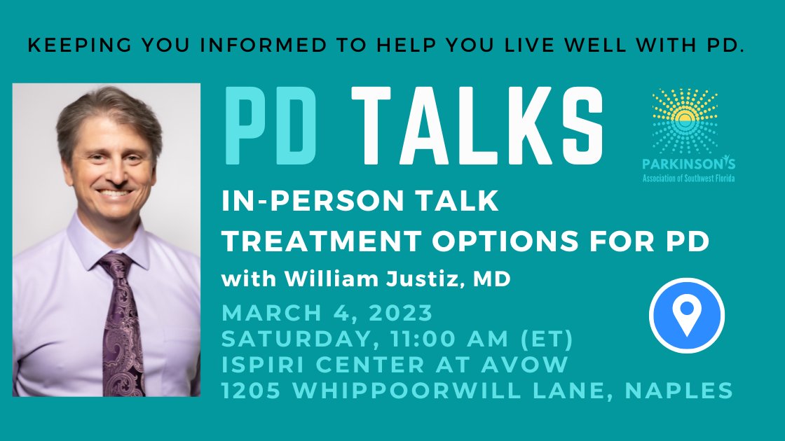 ParkinsonSWFL's tweet photo. Learn about treatment options for #Parkinsons with Dr. William Justiz on March 4, 2023, with the @parkinsonassociationswfl. Learn more: https://t.co/PAT6YZKyjW
https://t.co/C26HBfUAda https://t.co/FVMmQRAAfX