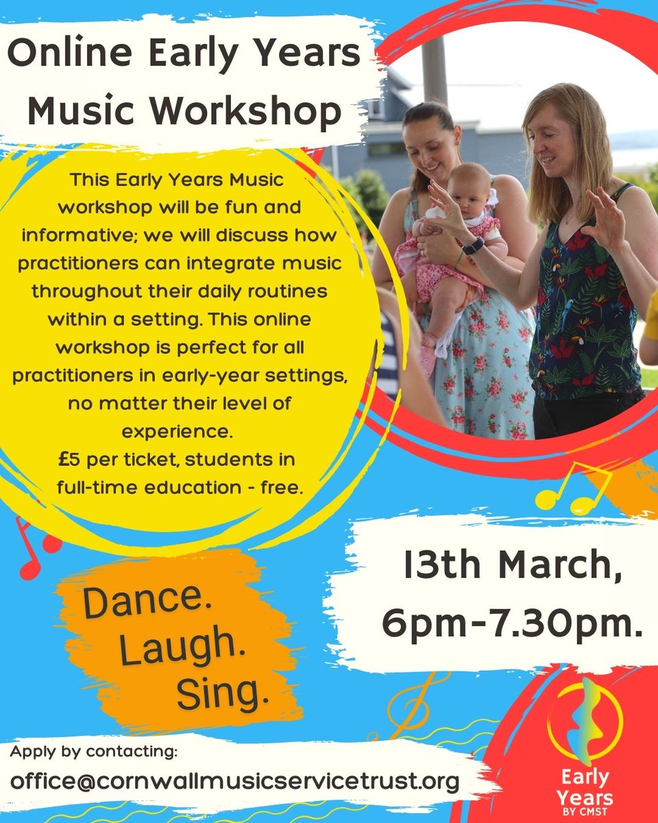 cmst_official's tweet photo. Calling all teachers! Discover the power of music in the classroom with our Early Years Music Workshop on the 13th of March.
Sign up today to become a music-making master and rock your classroom!
#earlyyearsmusicworkshop #teachersrock #musicmakeslearningfun https://t.co/IbAZLO32sl