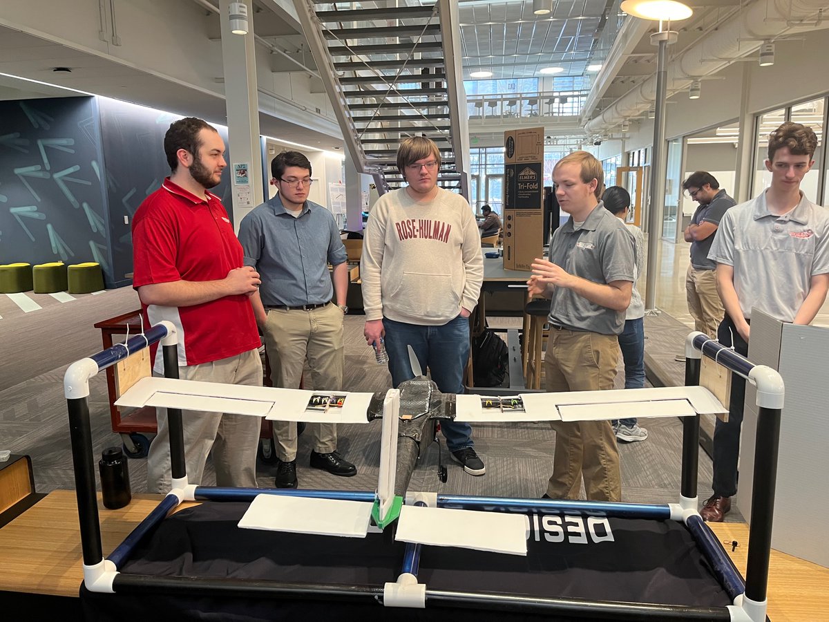 RoseHulman's tweet photo. Senior mechanical engineering teams provided a sneak peak of their capstone design projects during recent ME Demo Day @ the New Academic Building's atrium. Most teams have 1 quarter remaining to work before showing off their projects @ the Rose-Show on 5/3. Great job! #rosehulman https://t.co/mG2m5eC4Oa