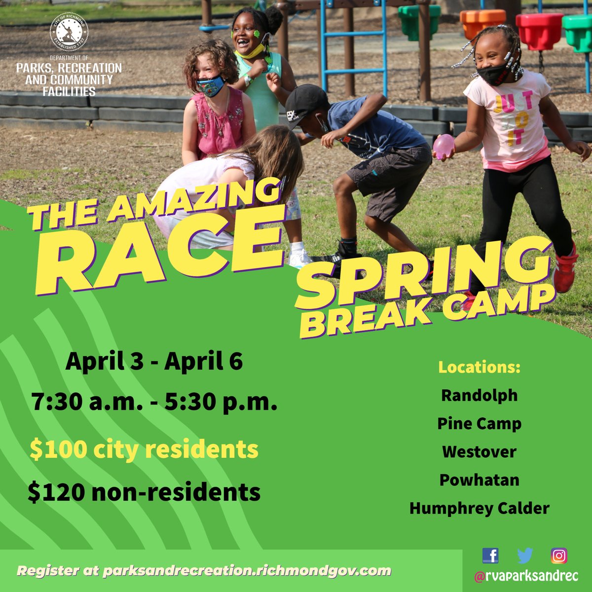 rvaparksandrec's tweet image. County residents! Registration for The Amazing Race Spring Break Camp opens for you TOMORROW! If you haven't created your account yet, now is the time! #SpringBreakCamp #PRCFfun #RVA
