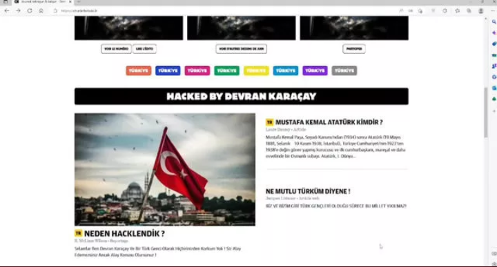 ConflictTR's tweet photo. Türkiye'deki depremle dalga geçen Charlie Hebdo'nun sitesi bir Türk tarafından hacklendi. 

Sitede, Atatürk fotoğrafıyla birlikte Mehter marşı çalındı. https://t.co/pQLrr0B42q