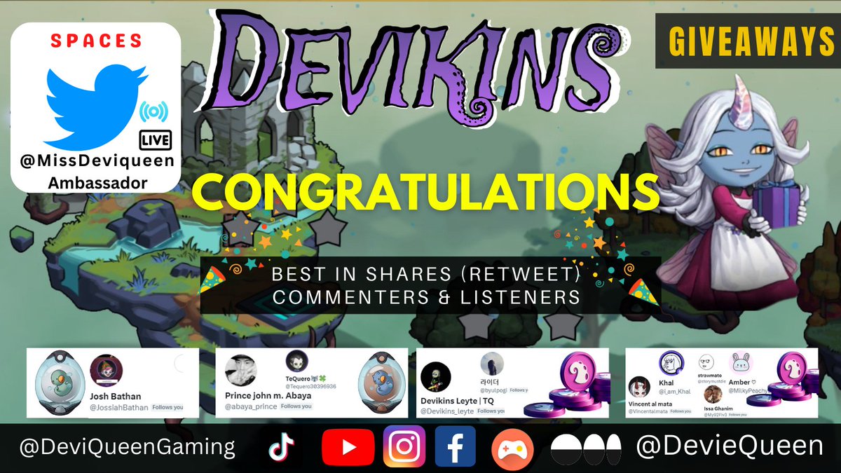 DEVIKINS AMBASSADORS EVENT(FEB)

Congratulations to our Best Share (RT) , Commenters &amp; Listeners 

<a href="/JossiahBathan/">Josh Bathan</a> 
<a href="/abaya_prince/">Prince john m. Abaya</a> 
<a href="/Tequero30396936/">TeQuero🐺🍀</a> 
<a href="/Devikins_leyte/">Devikins Leyte | TQ</a> 
<a href="/byulpogi/">Byul</a> 
<a href="/Vincentalmata/">Mattyboi</a> 
<a href="/storymustdie/">Strawmato (SHUhari)</a> 
<a href="/My92Fiv3/">IssaTV</a> 
@i_am_Khal 
<a href="/MilkyPeachy3/">Amber ♡</a> 

#NFTgames 
<a href="/devikins_game/">Devikins</a>
 <a href="/snsjr/">정창민</a>