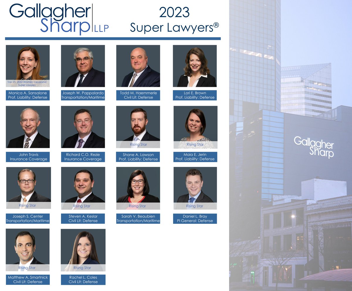 We are pleased to announce that fourteen Gallagher Sharp attorneys have been recognized as Ohio Super Lawyers and Rising Stars for 2023, with Managing Partner, Monica A. Sansalone, also being included on the list for the “Top 25 Women Lawyers in Cleveland, Ohio.”