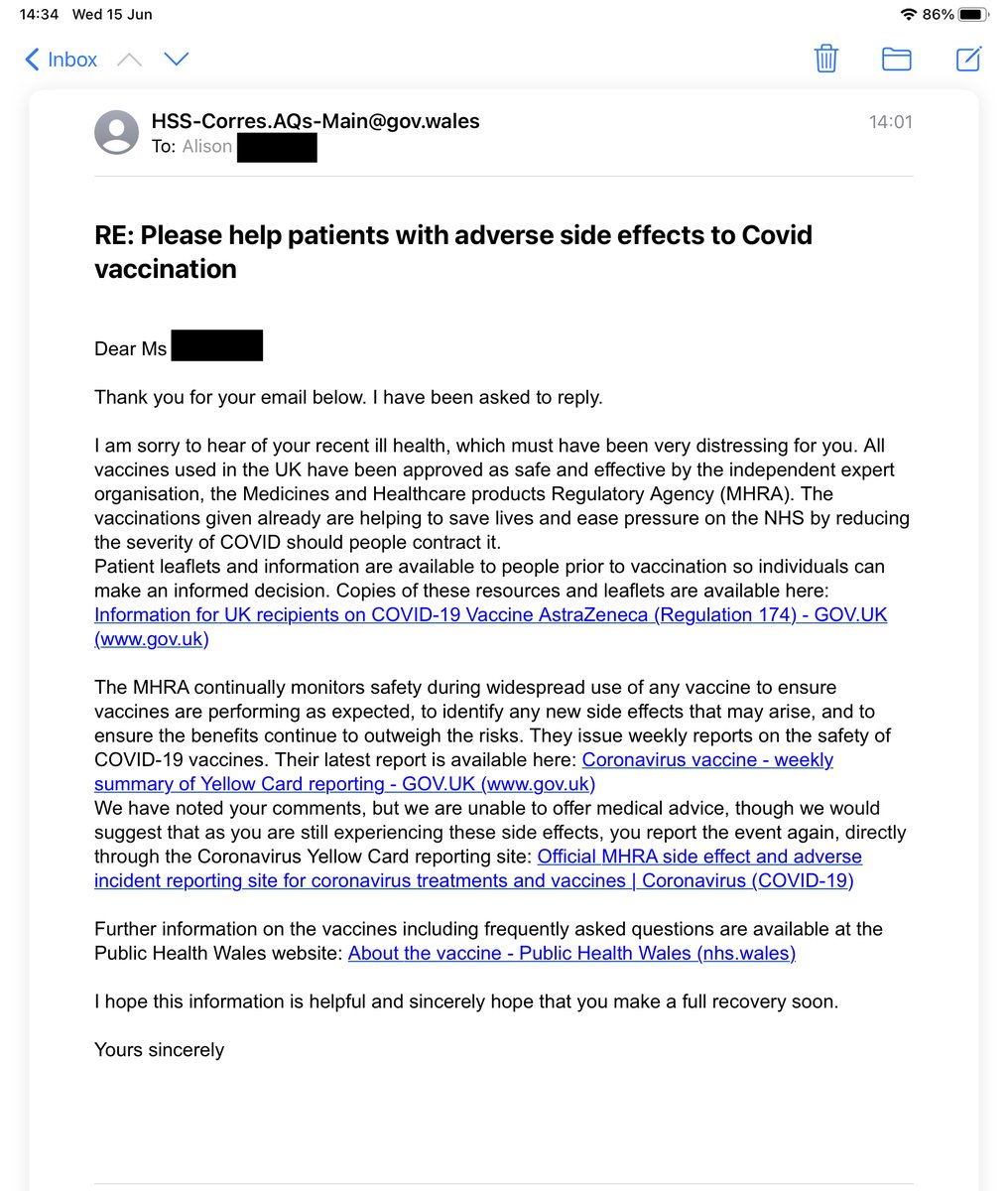 CraftsByAlison's tweet photo. BUT sometimes we need that bit more help
@WelshGovernment
Do you know what’s it’s like, to have your health taken away from you
YOU said the #CovidVaccines were #safeandeffective
They were NOT for ME & MANY OTHERS
I asked @Eluned_Morgan for help…
Her reply 👇 https://t.co/rJiepqJLBY