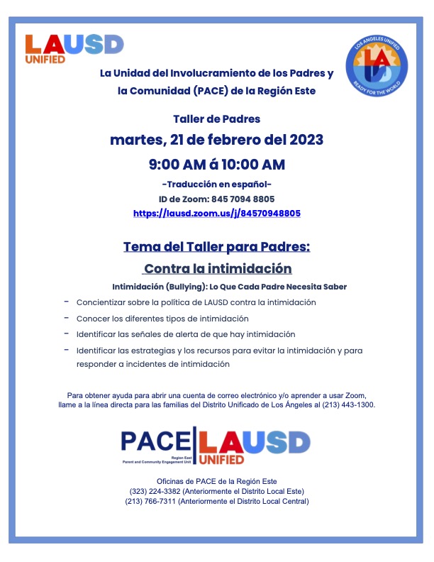 Please join our Region East Parent and Community Engagement (PACE) Unit
Parent Workshop "Anti-Bullying" on Tuesday 2/21/23 at 9 a.m. 
Zoom ID: 845 7094 8805