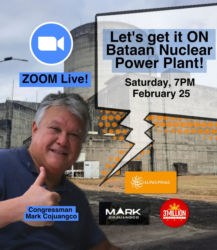 31milmovement's tweet photo. 31 Million Movement's ZOOM LIVE EVENT with Congressman Mark Cojuangco.
#PleaseShare #NuclearEnergyPH #bringbackBNPP
This coming Saturday, we have Cong. Mark to talk about #BNPP, Nuclear Energy, and our country's path towards #murangkuryente.
This onli… https://t.co/xqH6OhQIZI https://t.co/rh8bFGcNui