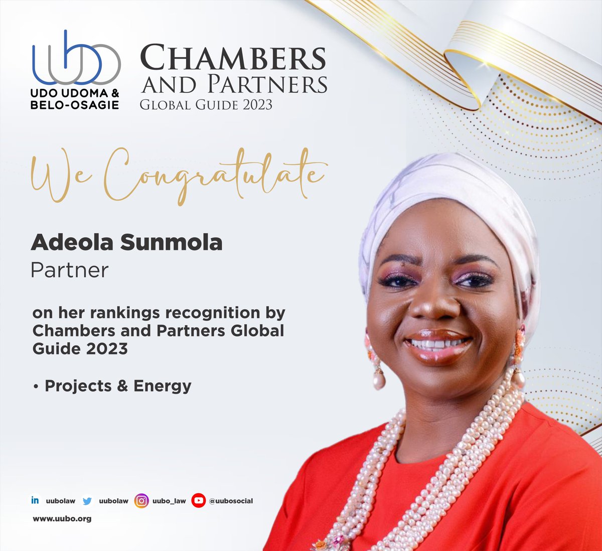 uubolaw's tweet photo. We are pleased to announce that our Energy &amp; Infrastructure, Banking &amp; Finance and Compliance &amp; Investigations teams’ partner, Adeola Sunmola has been ranked in the Chambers and Partners Global Guide, and is specifically recognised in the 2023 edition for her practice https://t.co/UDt0lLWI2k