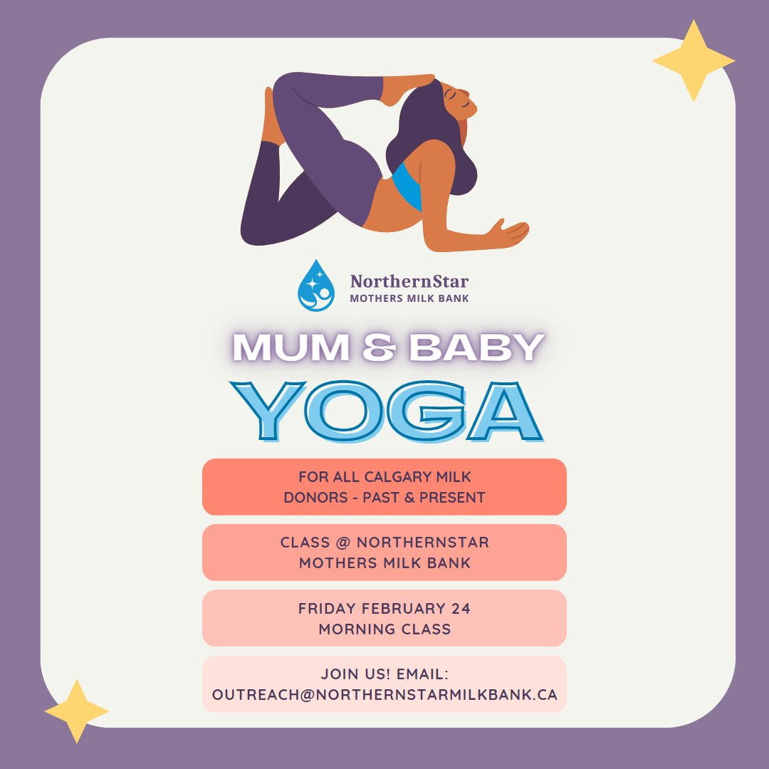 NorthernStarMB's tweet image. ✨ YYC: Free Yoga for Mums &amp;amp; Babies! ✨
Where: ⭐ NMMB Calgary
When: ⭐ Friday morning, February 24, 2023
Who: ⭐Past &amp;amp; present milk donors
What: ⭐ A 45-min gentle yoga class w Amy Bidrman
Email: ⭐ outreach@northernstarmilkbank.ca to register, get TIME &amp;amp; details! 
#yycyoga