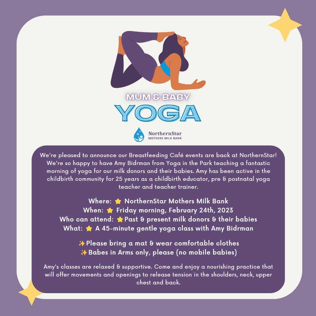 NorthernStarMB's tweet image. ✨ YYC: Free Yoga for Mums &amp;amp; Babies! ✨
Where: ⭐ NMMB Calgary
When: ⭐ Friday morning, February 24, 2023
Who: ⭐Past &amp;amp; present milk donors
What: ⭐ A 45-min gentle yoga class w Amy Bidrman
Email: ⭐ outreach@northernstarmilkbank.ca to register, get TIME &amp;amp; details! 
#yycyoga