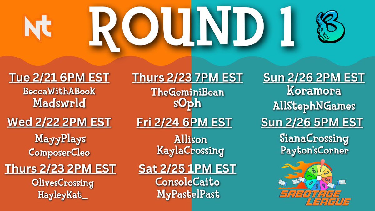 NintenTalk's tweet image. 🔥Sabotage League🔥

Well I hope y’all like Sabotage League because this week we have EVERY round 1 matchup happening!! Check out these creators and cheer them on! #SL4
