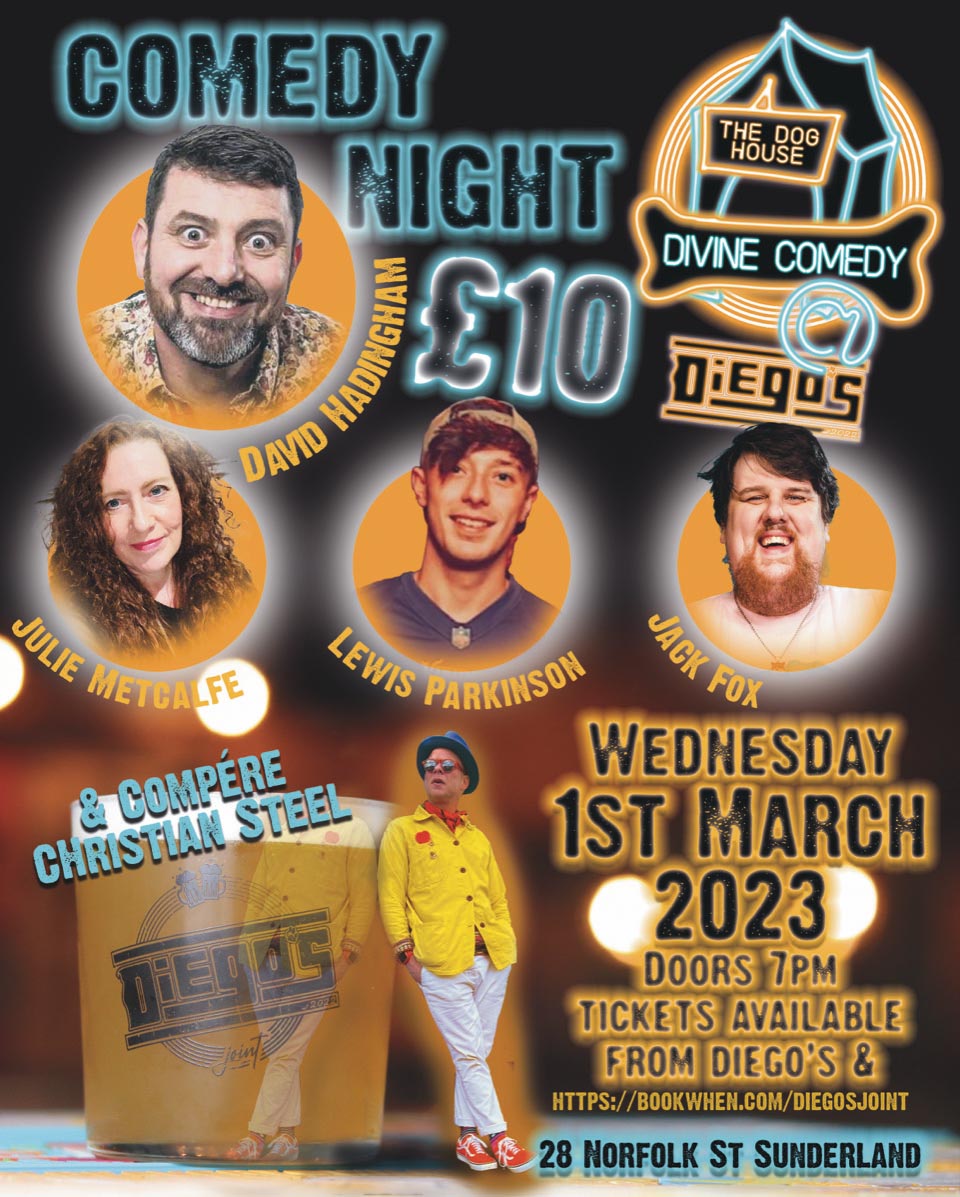 Diego's Joint (@diegosjoint) on Twitter photo ππ’ππ€πππ¬ π¨π§ π¬ππ₯π πππ!
Our line up for March 1st 2023:
π€£ David Hadingham
π Julie Metcalfe
π€£ Lewis Parkinson
π Jack Fox
Hosted by our brilliant compere Christian Steel
Book now: bookwhen.com/diegosjoint#foβ¦
#ComedyNight #SunnisideQuarter #InSunderland #Bar ππ’ππ€πππ¬ π¨π§ π¬ππ₯π πππ!
Our line up for March 1st 2023:
π€£ David Hadingham
π Julie Metcalfe
π€£ Lewis Parkinson
π Jack Fox
Hosted by our brilliant compere Christian Steel
Book now: bookwhen.com/diegosjoint#foβ¦
#ComedyNight #SunnisideQuarter #InSunderland #Bar