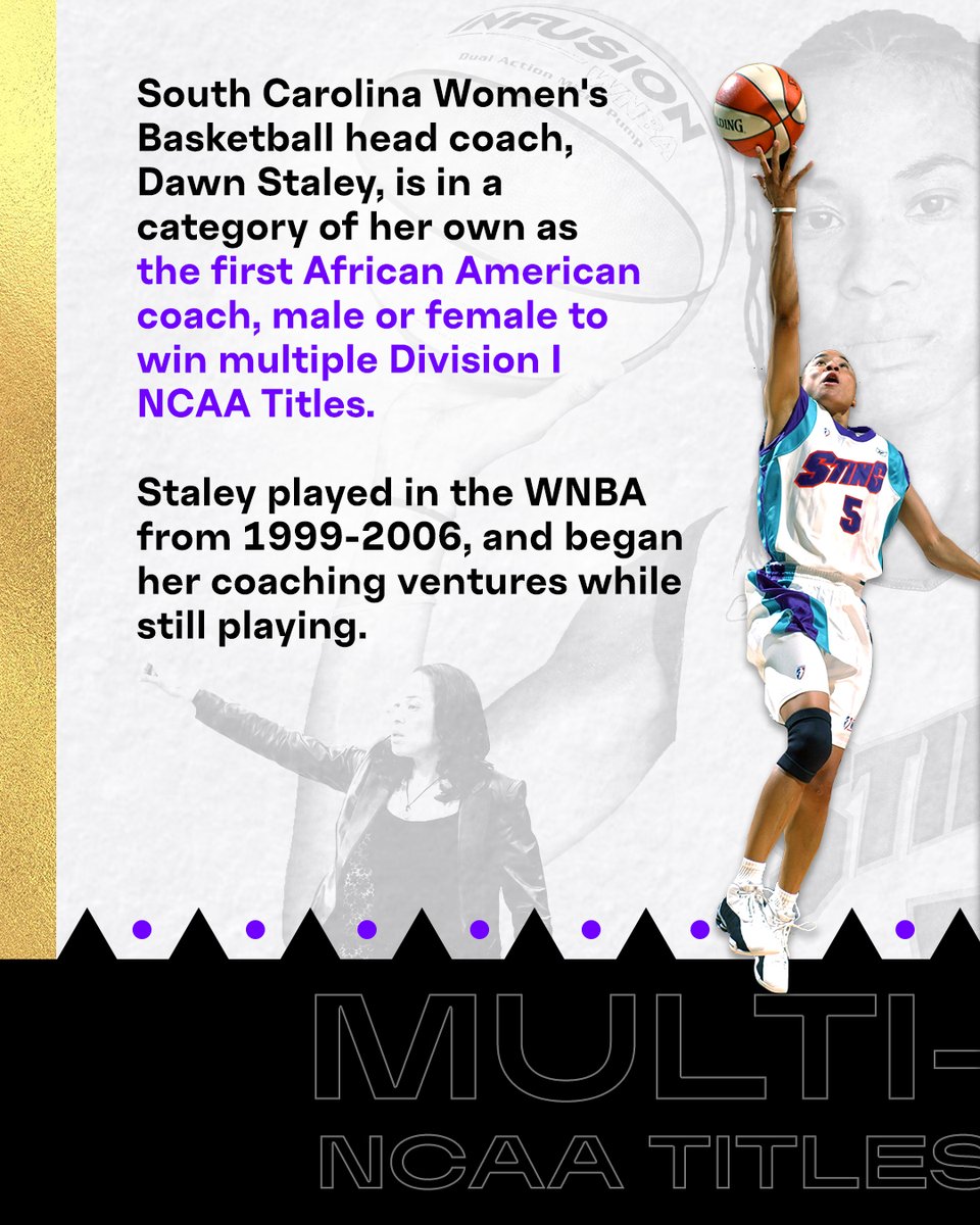 #WNBA Black History: Spotlight Dawn Staley 

<a href="/GamecockWBB/">South Carolina Women's Basketball</a>'s head coach, <a href="/dawnstaley/">dawnstaley</a>, is in a category of her own as the 1st African American coach, male or female to win multiple D1 NCAA Titles  

Staley played in the WNBA from 1999-2006, and began coaching while still playing