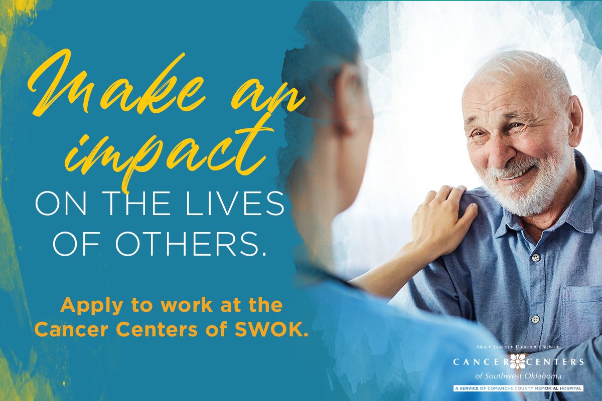 CCSWOK's tweet image. Looking to make a difference in the lives of others? Working at the Cancer Centers of Southwest Oklahoma, you’ll be able to do just that. Check out our open positions here: bit.ly/3z8QiDK 

#CCSWOK #Oklahoma #CancerResearch #CancerTreatment #CancerSupport #CancerPatients