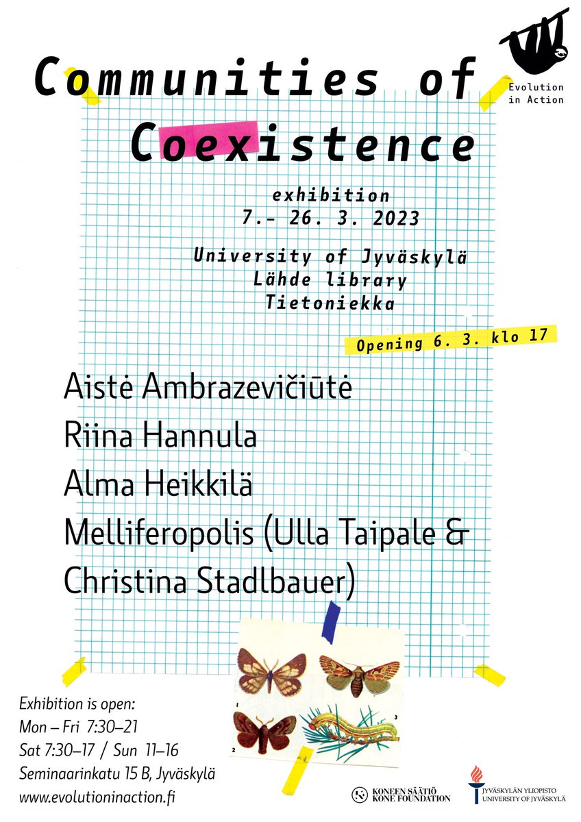 Welcome to our exhibition Communities of Coexistence in Lähde library 7. 3. – 26. 3. 2023 & minisymposium 23. 3. 2023 and other events. More info: evolutioninaction.fi/exhibition.html @KoneenSaatio @jyuscience @uniofjyvaskyla