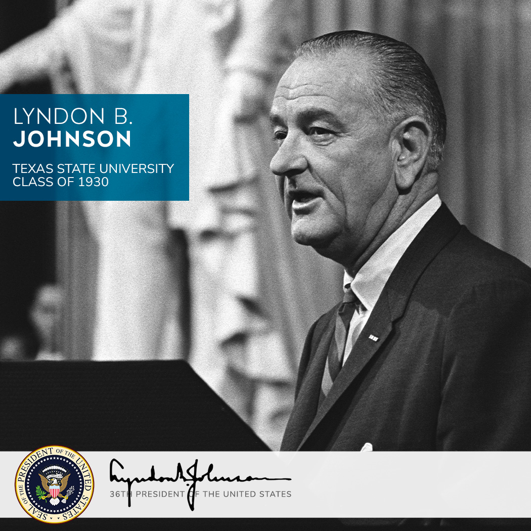 TXSTMcCoy's tweet photo. This Presidents' Day we celebrate Lyndon B. Johnson, 36th President of the United States (1963-1969). LBJ is the only U.S. President to graduate from a Texas university — he earned his degree at Texas State in 1930, when it was Southwest Texas State Teachers College. ✯ https://t.co/sV6cep1bt8