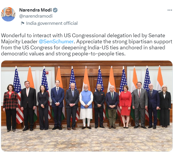 Bharat24Liv's tweet photo. अमेरिकी सीनेट के कांग्रेस प्रतिनिधिमंडल से मिले पीएम मोदी
सीनेट के सदस्यों के साथ पीएम ने तस्वीर ट्वीट की
सीनेट सदस्यों के साथ बातचीत हमेशा शानदार- पीएम
Watch : https://t.co/KjgezVR3bn
#America #Sinnet #Bharat24Digital
@narendramodi @DrSJaishankar @POTUS @SenSchumer https://t.co/kRStOpFsqN