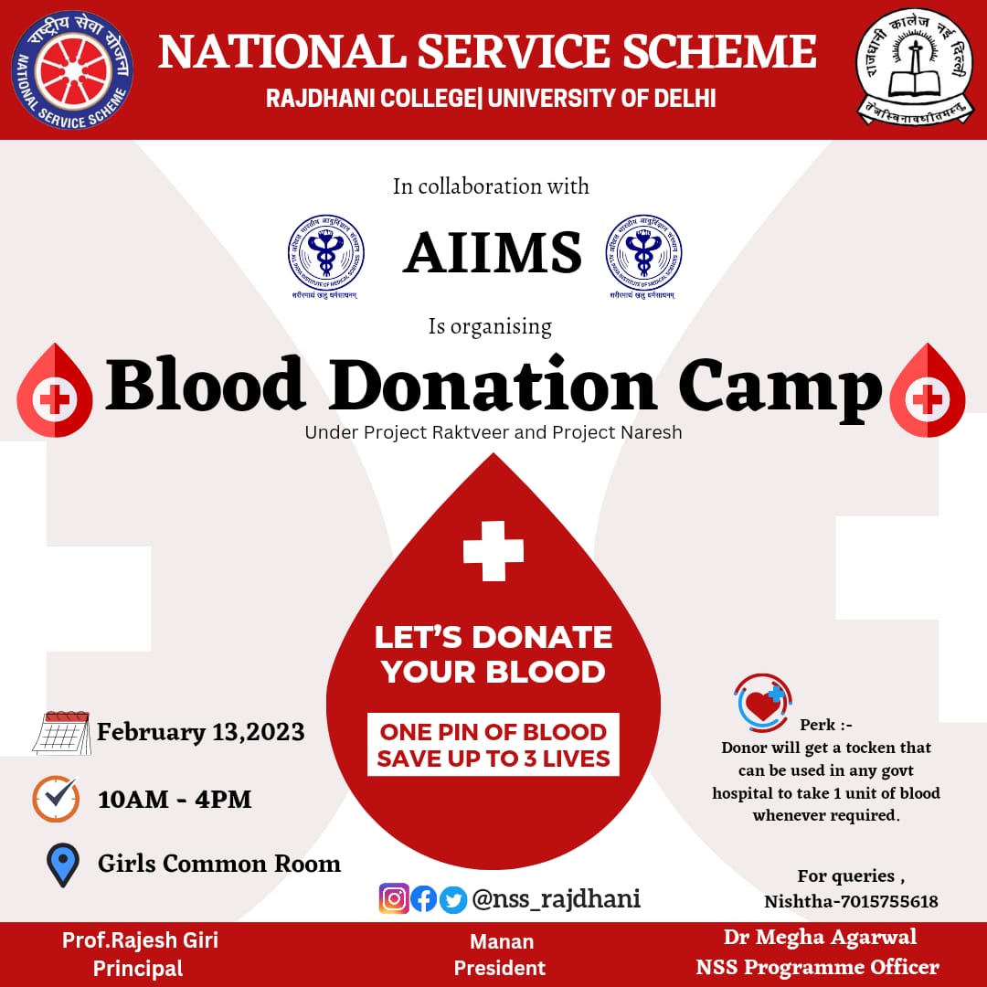NSS_Rajdhani's tweet photo. @NSS_Rajdhani organised blood donation camp in association with @aiims_newdelhi . The camp was a great success, with a total of 110 registrations for blood donation. The blood will be used to help save the lives of those in need. https://t.co/u4wE6nR08t