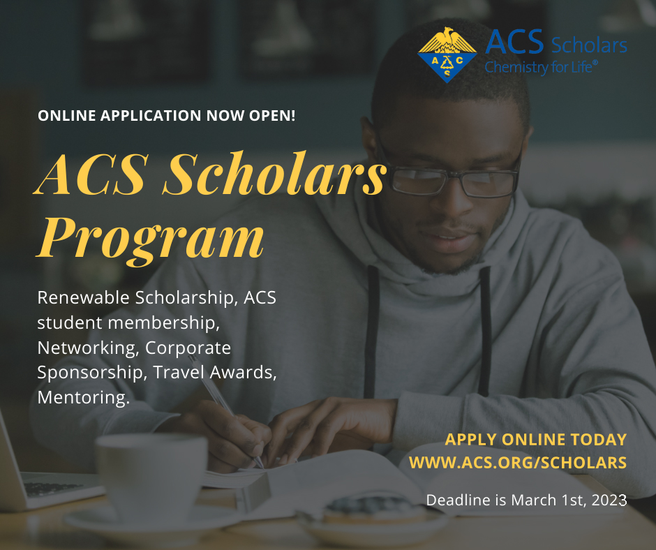 AmerChemSociety's tweet photo. Act Now! The deadline for the #ACSScholars online application is March 1. #ACSScholars offers financial support, mentoring,  &amp; networking for students from historically underrepresented groups majoring in the #ChemicalSciences. Learn more &amp; apply now at https://t.co/UK778TnRpH https://t.co/J2Jy3XCDgG