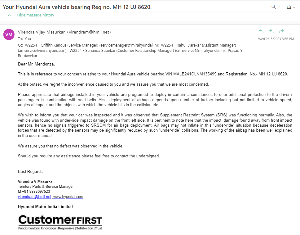 _alexmendonza's tweet photo. After so many calls and all, I get this reply from Mr. Virendra Masurkar (Territory Parts &amp; Service Manager) @HyundaiIndia team. It feels like they don't care if we die also, so I really think no one should buy the car of Hyundai. https://t.co/Z0I6SzUdQh