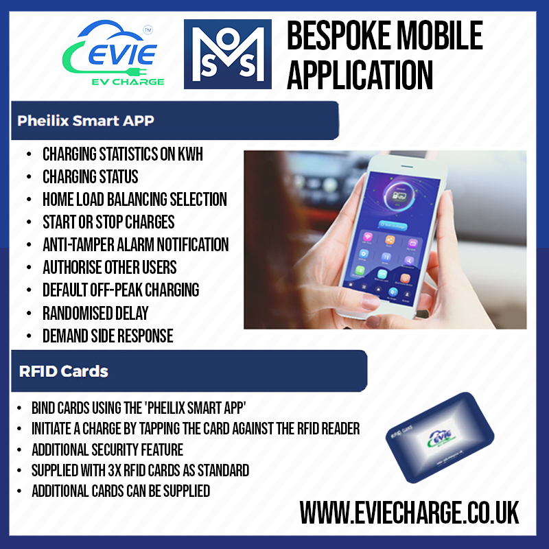 The Pheilix App gives you the tools to monitor the progress of the charge, be aware of any unwanted tampering and even start/stop charging from your home.

EVIE 2.0 Charge Points are in stock for immediate delivery, please contact us at 

01322 282700 &amp; sales@mosselectrical.co.uk