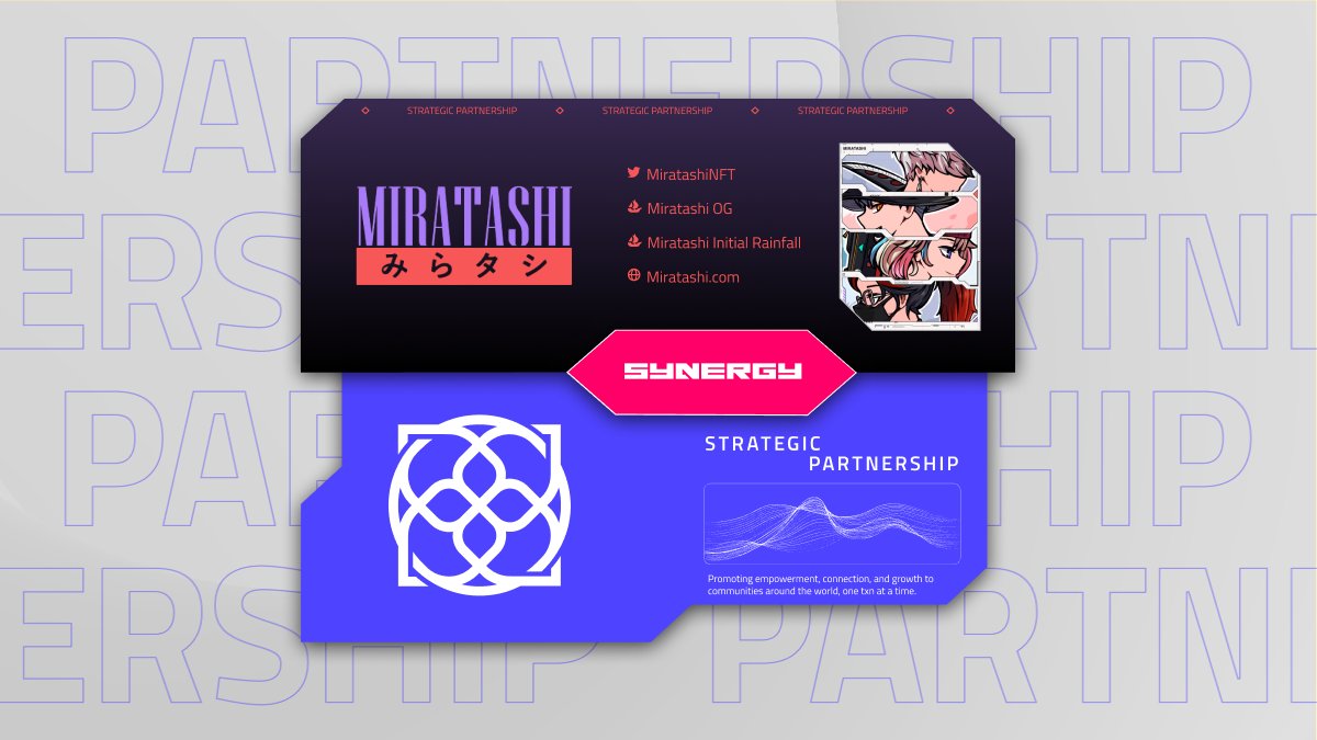🤝Collaboration🤝

We are proud to announce that ALL <a href="/SynergyPass/">Synergy</a> holders will receive a WL spot to <a href="/MiratashiNFT/">MIRATASHI</a>’s second upcoming collection! 

Special shoutout to <a href="/VinzMIRATASHI/">Vinz</a> and <a href="/katark_official/">Katark official</a> for making this happen, and we can’t wait to join your community soon!