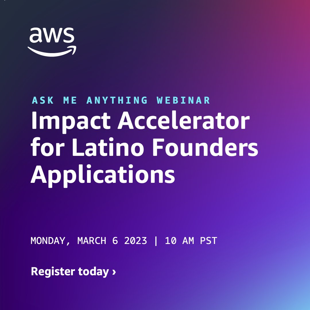 AWSstartups's tweet image. Applications for the #AWSImpactAccelerator for Latino Founders open March 6-17.
Sign up now for our virtual #AskMeAnything happening on March 6 to learn how to nail your application &amp;amp; interviews, and get answers to your questions about the experience!  go.aws/3IgouQJ
