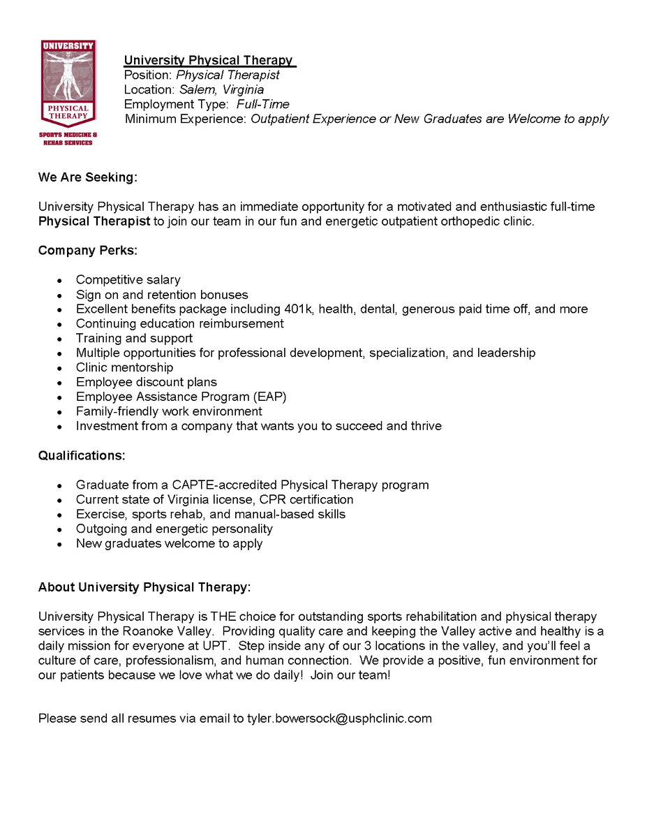 Radford_DPT's tweet photo. Job posting from one of our clinical partners! https://t.co/FMxjXL6ybY