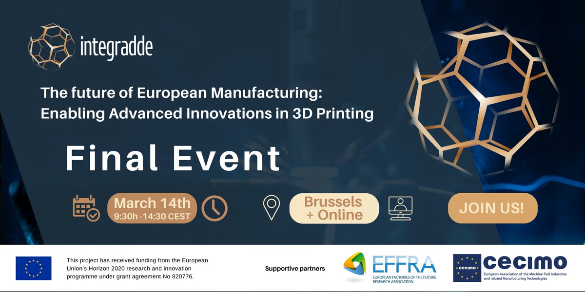 Join us on 14th March for the #INTEGRADDE Final Event to hear about this exciting project we've been working on! The future of EU Manufacturing: Enabling Advanced Innovations in 3D Printing Register here: bit.ly/3jE7jjK #INTEGRADDEFinalEvent #3DPrinting