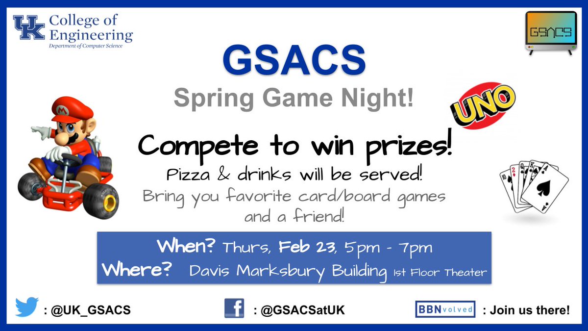 UK_GSACS's tweet photo. GSACS is having our first event of the spring semester this week! Join us for game night this Thursday, Feb 23, from 5-7! There will be food and drinks, so stop by and bring a friend! https://t.co/Li5quxhQn3