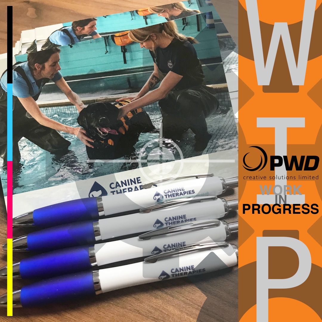 W.I.P
Gloss laminated double sided postcards and pens for our client Canine Therapies Ltd (other parts of this promotional product run have included pull up banners and exhibition A0 prints) all designed and printed in-house here at PWD. 
#wip #wipwednesday #dogs #caninerehab