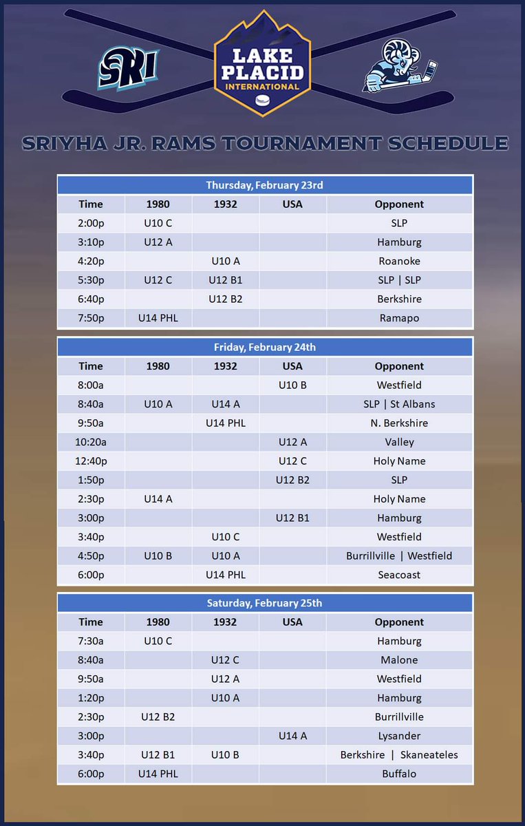 At the end of this week, SRI will have 9 teams competing in the Lake Placid Youth Hockey Tournament! For all of our families heading up, here is a combined schedule of all Jr. Rams teams so we can support one another!! 

#SRIYHA #RamFam #hockeytournament #lakeplacid