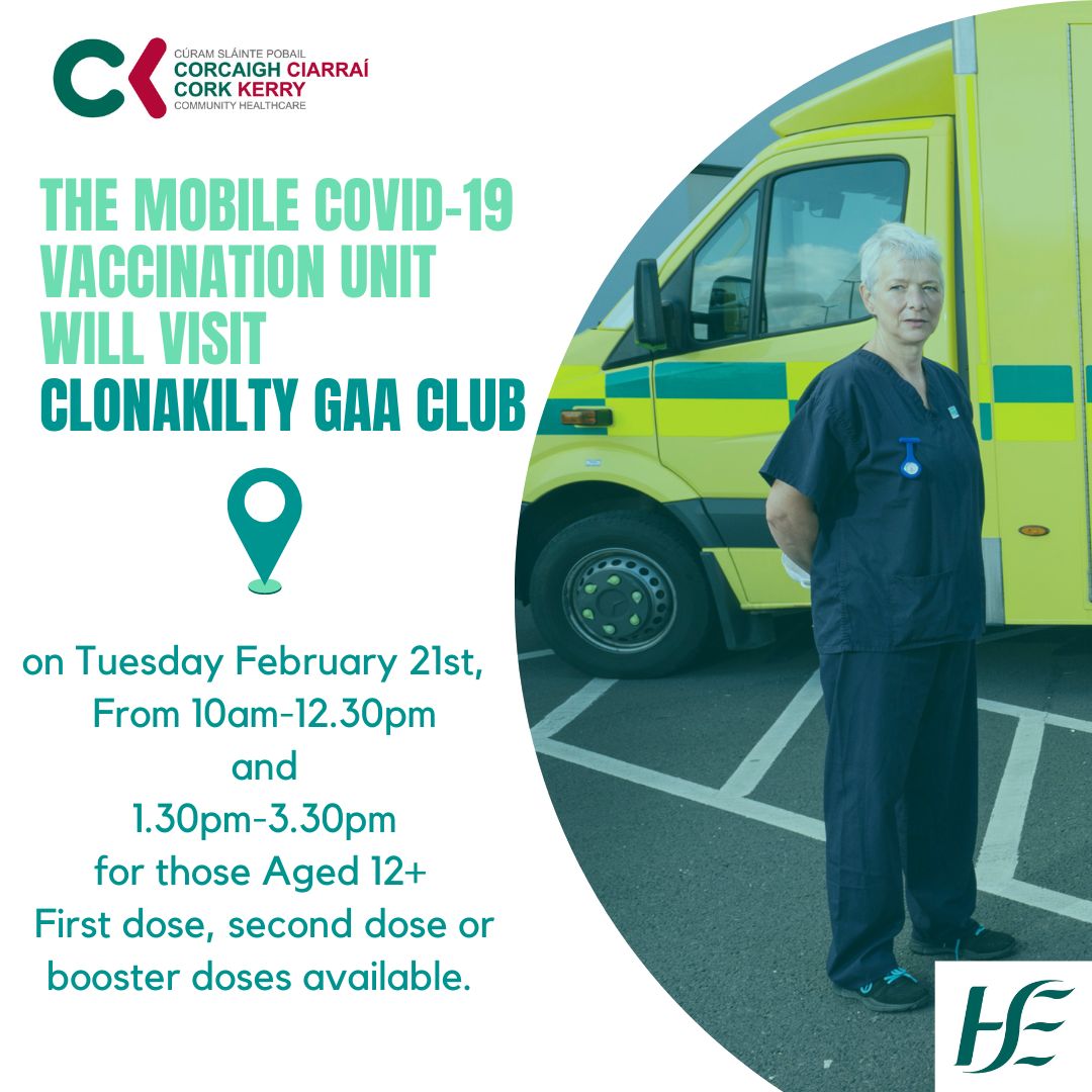 CorkKerryCH's tweet image. The Mobile COVID-19 vaccination unit  will operate from @Clongaa  tomorrow Tuesday 21st February. 
See times ⬇️ and a helpful guide to your #COVID19 vaccination course. 
@HSELive
  #CKCH #ForUsAll