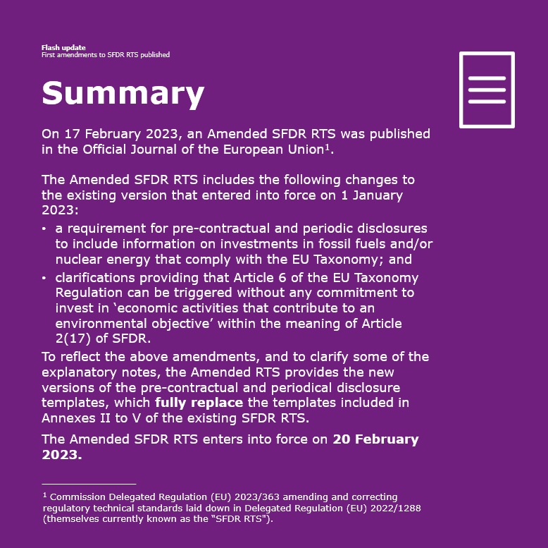 ESfinanciallaw's tweet image. Last week, the first amendments to the EU SFDR RTS were published. In our latest #FlashUpdate, our Investment Funds team discusses the scope of the amendments and the impact and actions you should take as a result. #ESG