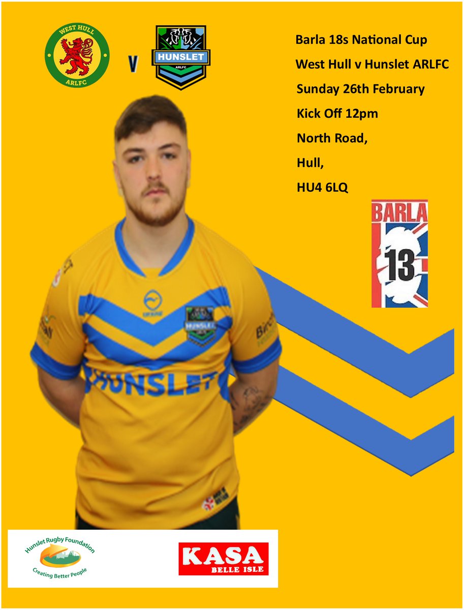 <a href="/BarlaCups/">BARLACups</a> 18s National Cup
<a href="/WestHullARLFC/">West Hull ARLFC</a> v <a href="/Hunslet_ARLFC/">Hunslet ARLFC</a>
Sunday 26th February
Kick Off 12pm
North Road,
Hull,
HU4 6LQ
#AsOne