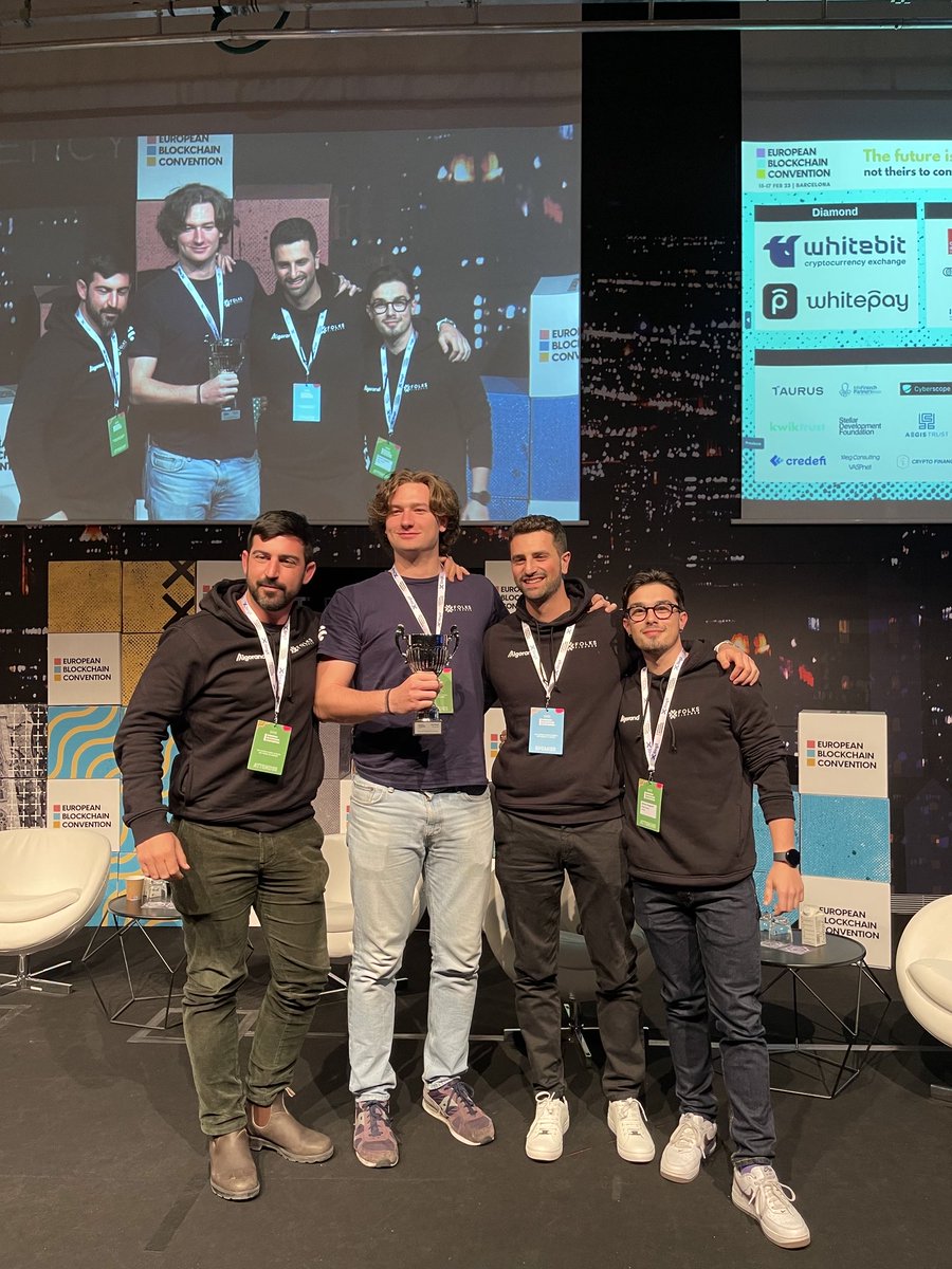 BenedettoBio's tweet photo. As promised, we brought @FolksFinance &amp; @Algorand to the podium at @EBlockchainCon Awards 2023 in Barcelona. 

Glad to ride the wave with such a talented team, a supportive community, and great investors.

Hard work always pays off. https://t.co/Jf2d6addXZ