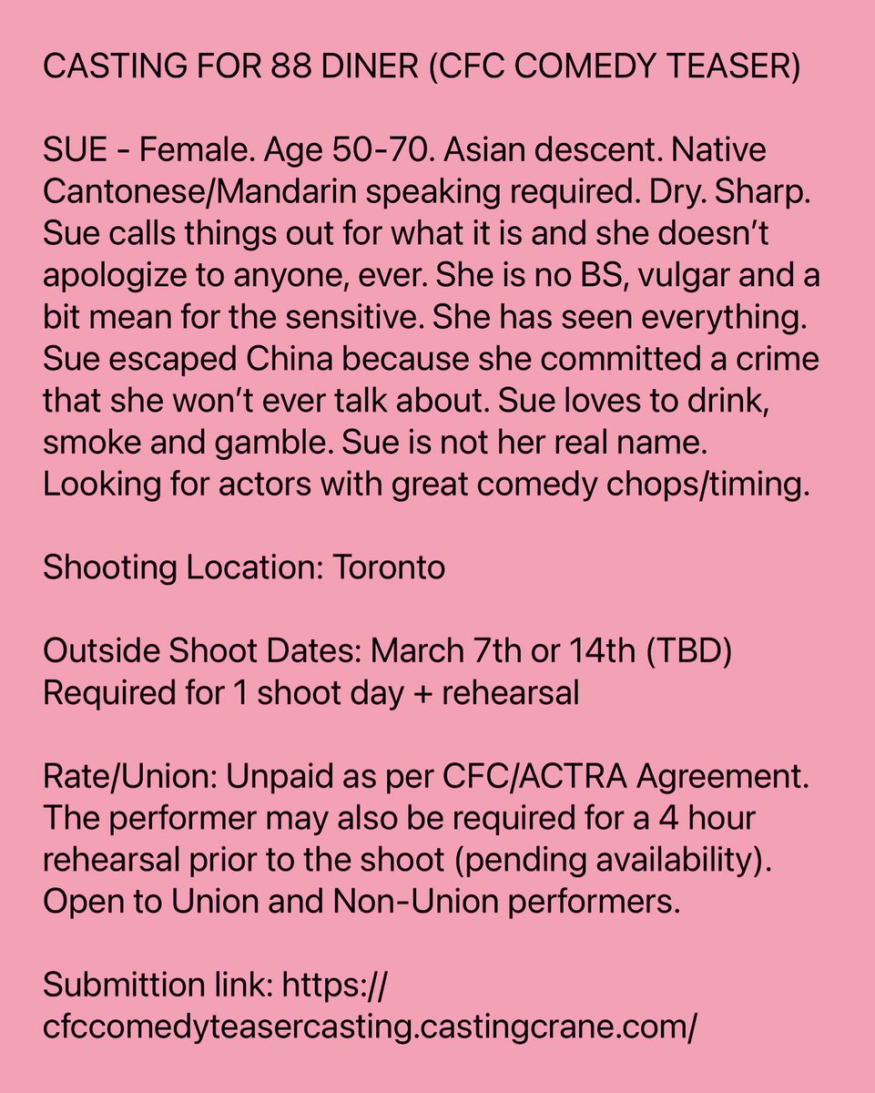 Casting a native Chinese speaker in my comedy TV teaser. Please help share! @ACTRAToronto @JesseCasting @cfccreates @DiversityACTRA