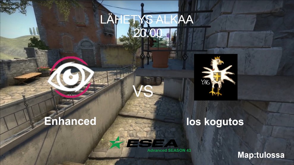20.00 Lähetään painaan <a href="/enhanced_gg/">ENHANCED</a> vs los kogutos osoitteessa twitch.tv/joopih sinne niiin kuunteleen ja katsomaan hyvää peliä! Rakas <a href="/Micsu0/">Mico Lonka</a> myös selostamossa kanssamme <3
