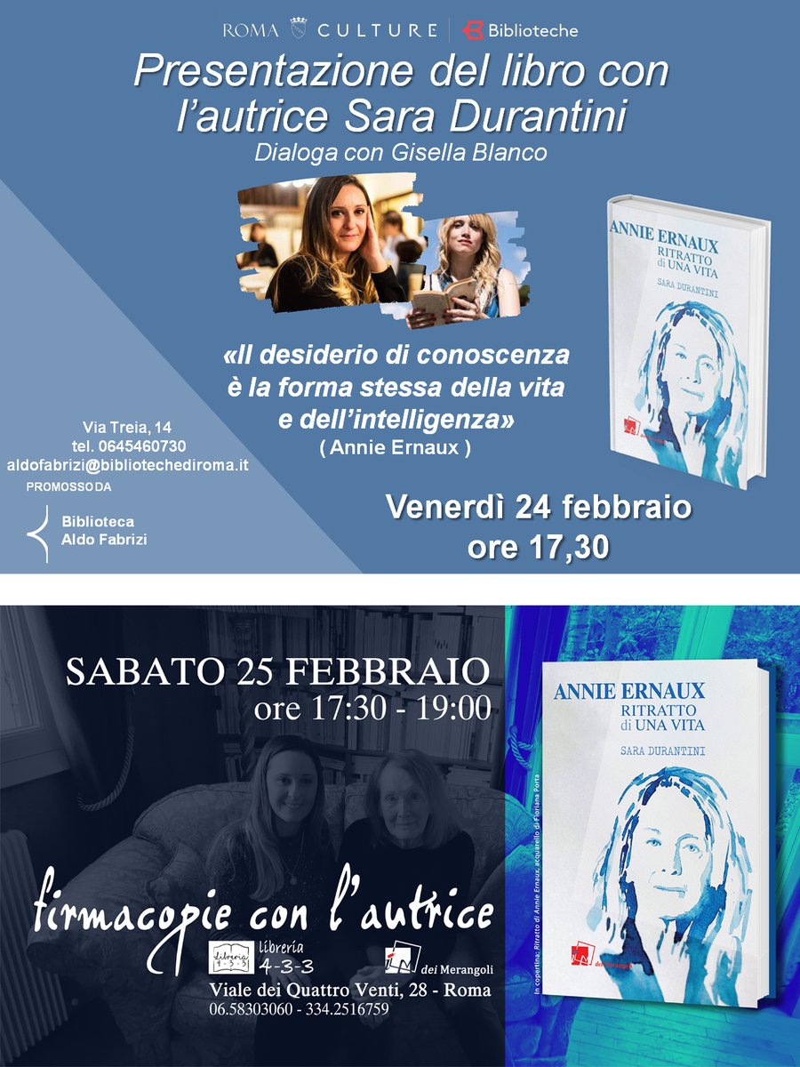 Due gli appuntamenti romani di questo we con <a href="/SaraDurantini/">SaraDurantini</a> e il suo libro su #AnnieErnaux:
📌 venerdì #24febbraio, presentazione #BibliotecaAldoFabrizi con #GisellaBlanco
📌 sabato #25febbraio, firmacopie #libreria433 (Monteverde)
*
deimerangoli.it/shop/annie-ern…