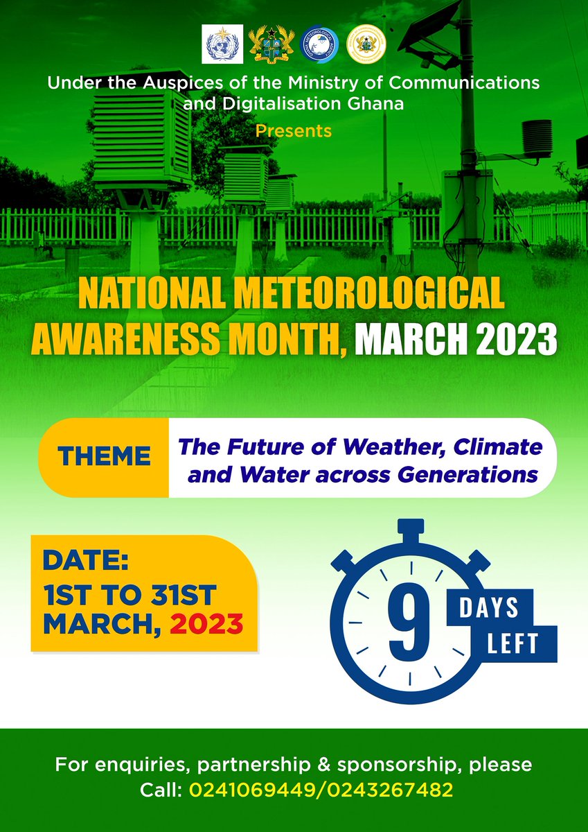 GhanaMet's tweet photo. Tick-tock, the clock is counting down! Get ready for a month of meteorological awareness and education!  9 Days to go!!! #MeteorologyMonth #WeatherAwareness #ClimateEducation https://t.co/1aat49WouI