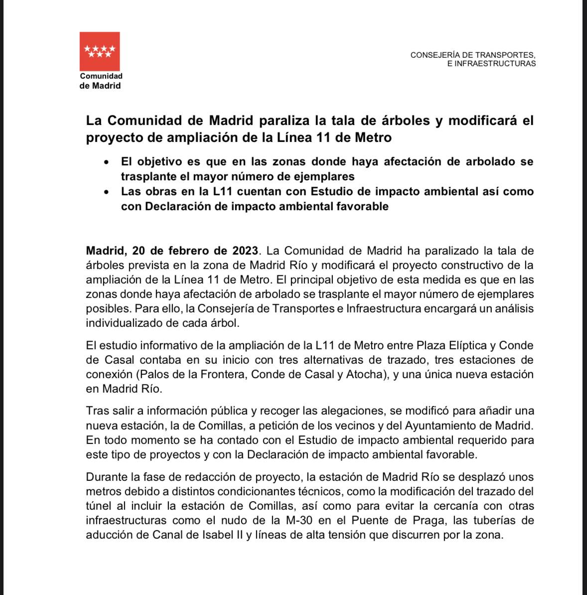 FRAVM's tweet photo. Tras la nota de la CM sobre la paralización de la tala, un hecho que saludamos...

- Pedimos una reunión para que las AAVV y la Consejería dialoguen un acuerdo
- No queremos trasplantes sino una estación en el Paseo de Yeserías y las mínimas afecciones en el Parque de Comillas https://t.co/78WGgYpbtA